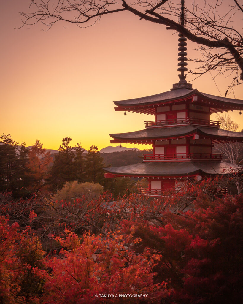 山梨県の絶景 新倉山浅間公園 富士山と紅葉と夕日