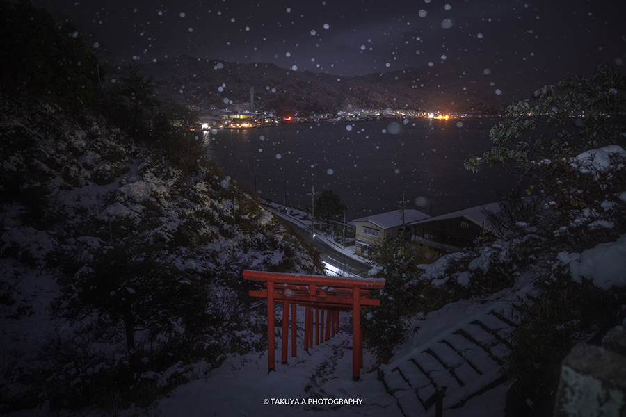京都府の絶景 天橋立 雪舟観と獅子崎稲荷神社の雪景色